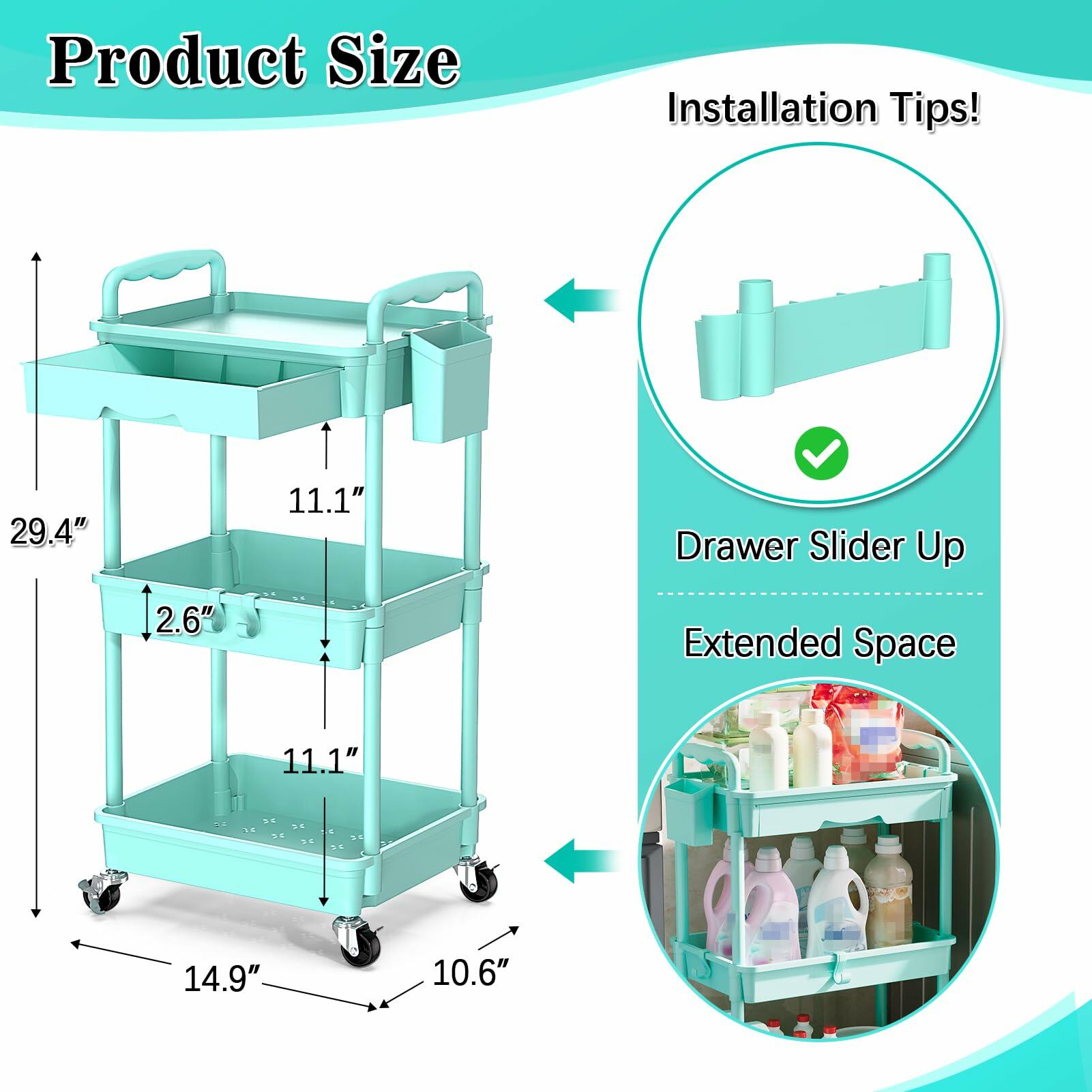 SUNALLY 3-Tier Rolling Cart with Drawer & Lockable Wheels, Bathroom Storage
