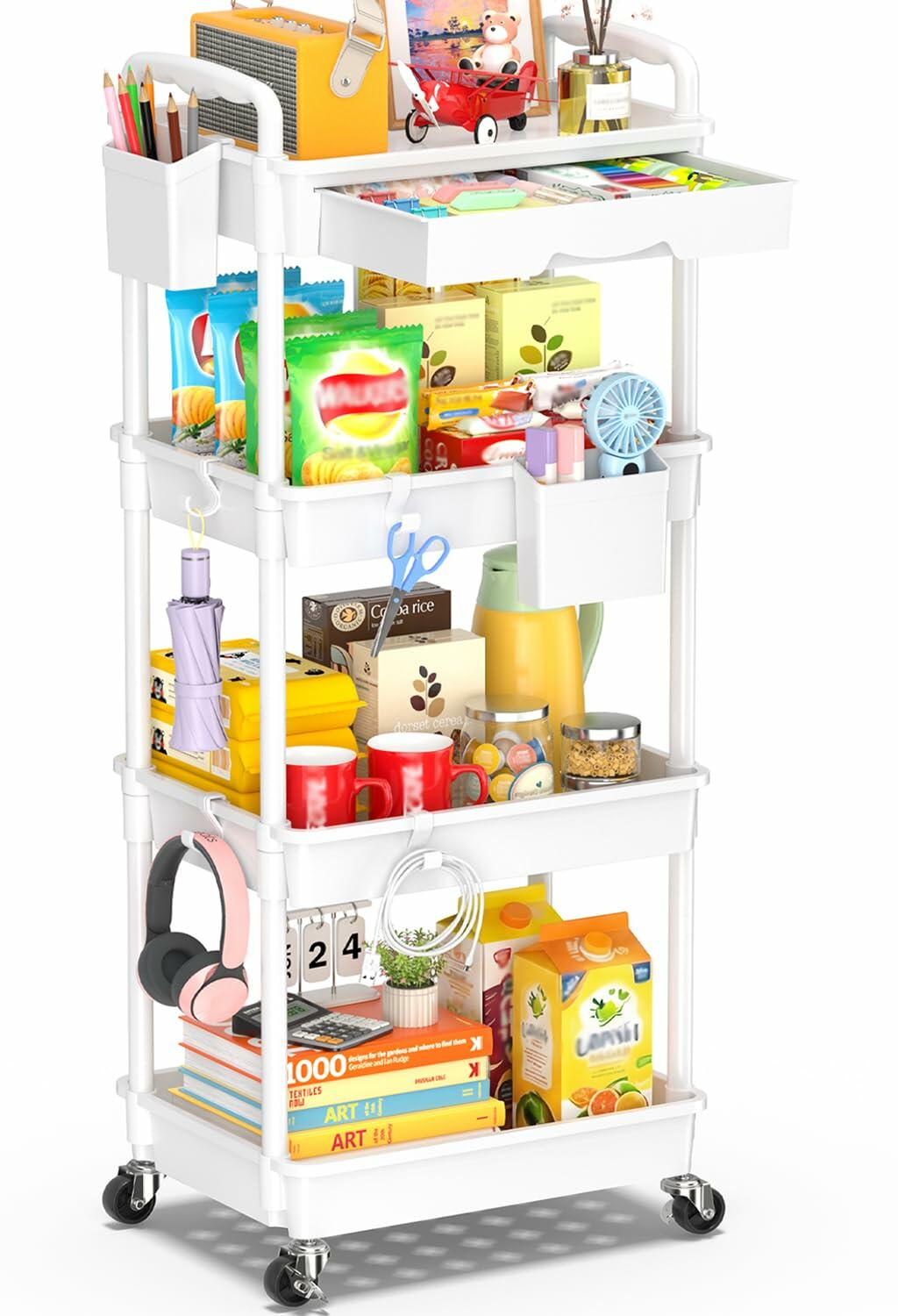SUNALLY 4 Tier Rolling Utility Cart with Drawer Storage Organizer Cart