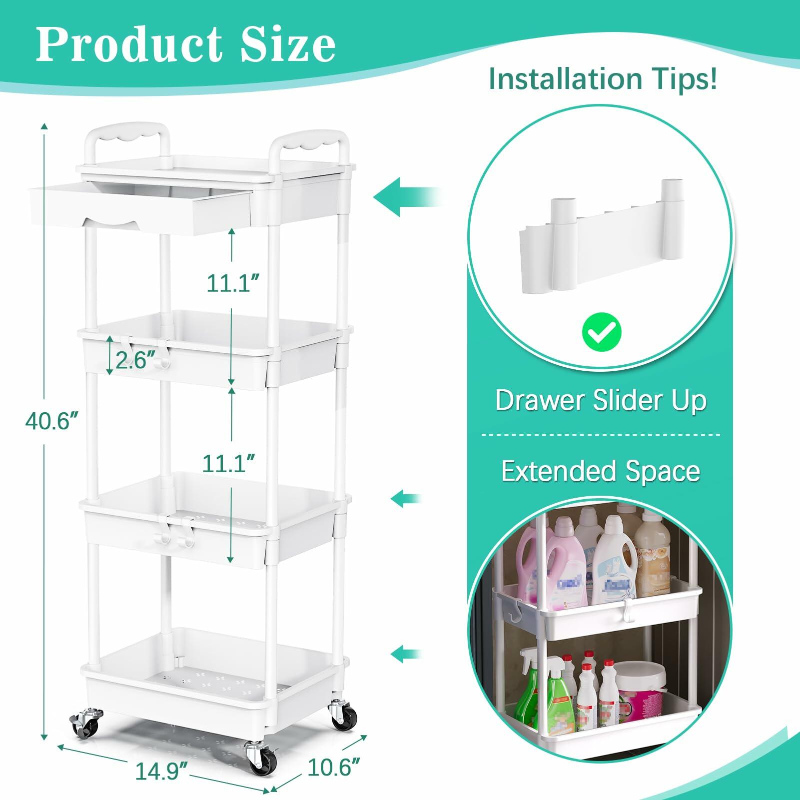 SUNALLY 4 Tier Rolling Utility Cart with Drawer Storage Organizer Cart