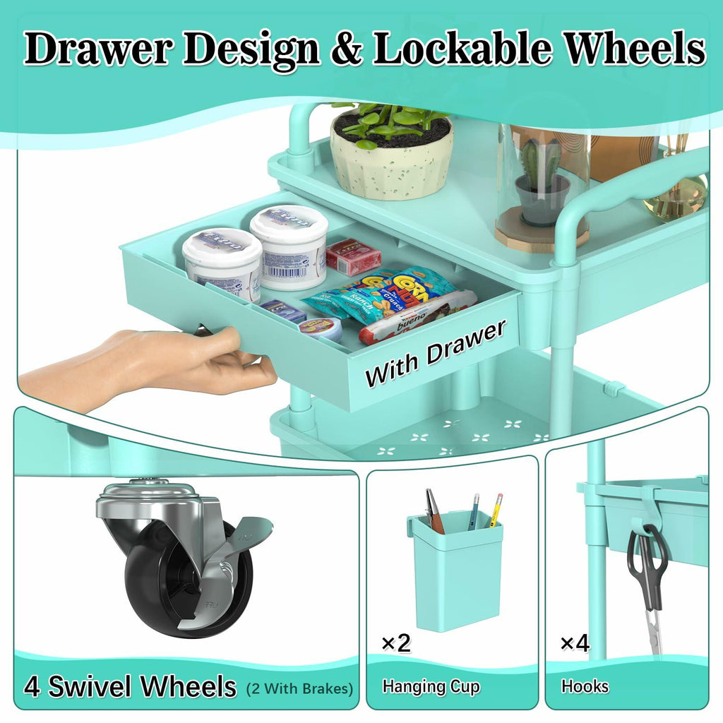 SUNALLY 3-Tier Rolling Cart with Drawer & Lockable Wheels, Bathroom Storage
