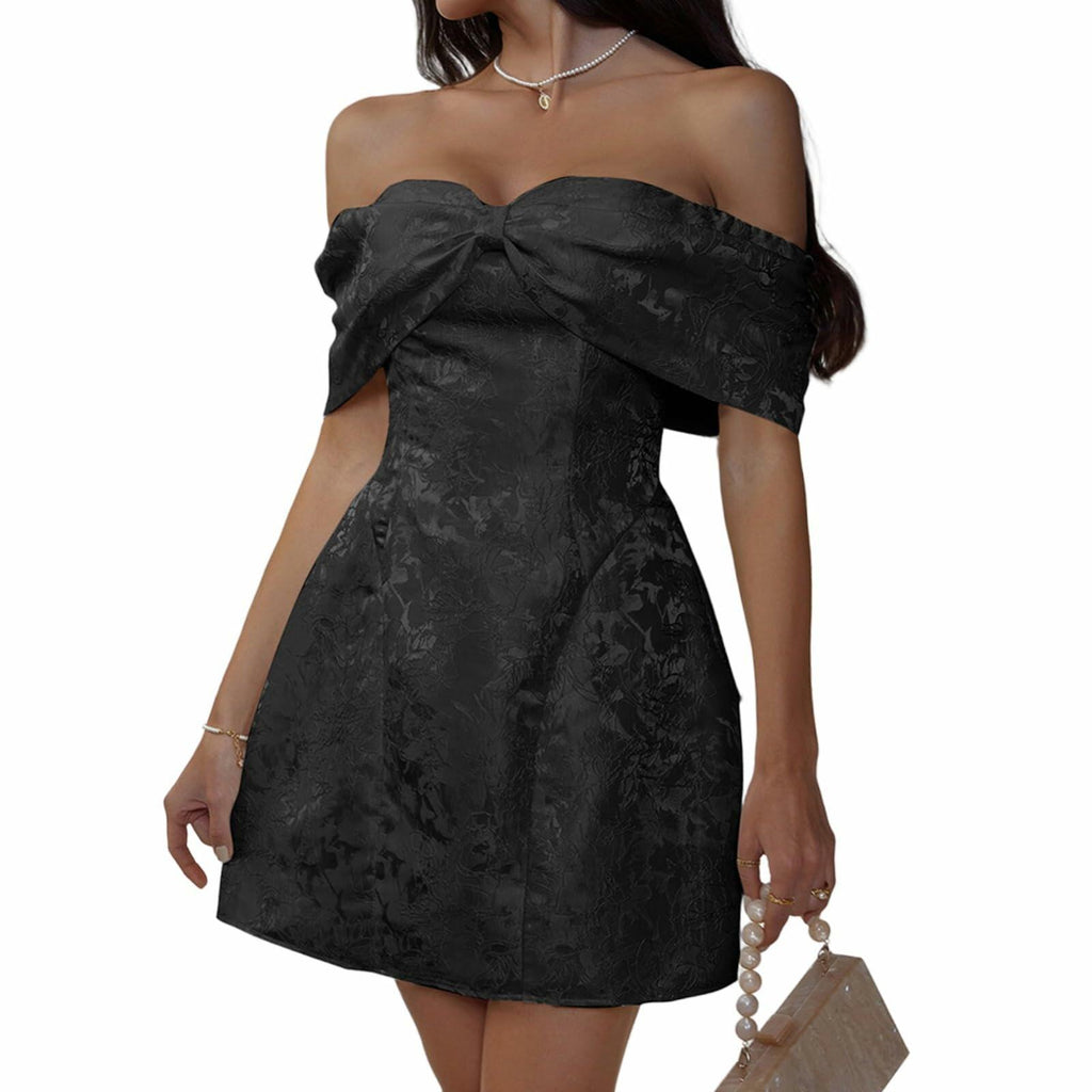 YILKOO Women's Bow Strapless Mini Dress Jacquard Satin Coctail Dress Sexy Short