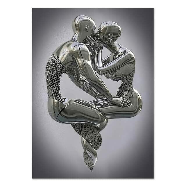 LNGODEHO Metal Figure Statue Romantic Wall Art Abstract Canvas Painting Lovers