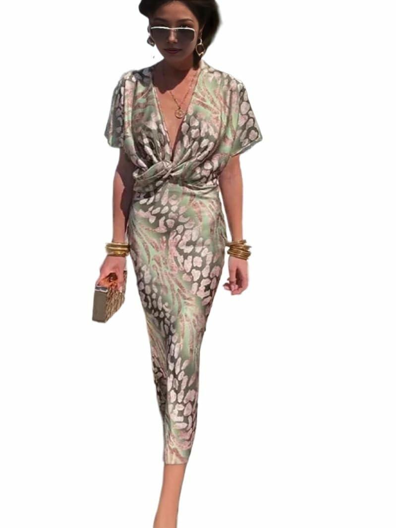 Averis Summer Women's Tight-Fitting Printed Sexy V-Neck mid-Waist Twisted Long