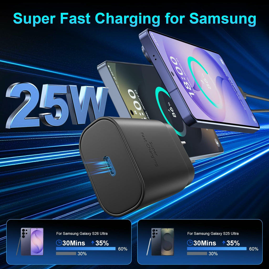 25W USB C Fast Charger Samsung Galaxy S26 S25 S24 w/10FT Cable 2Pack