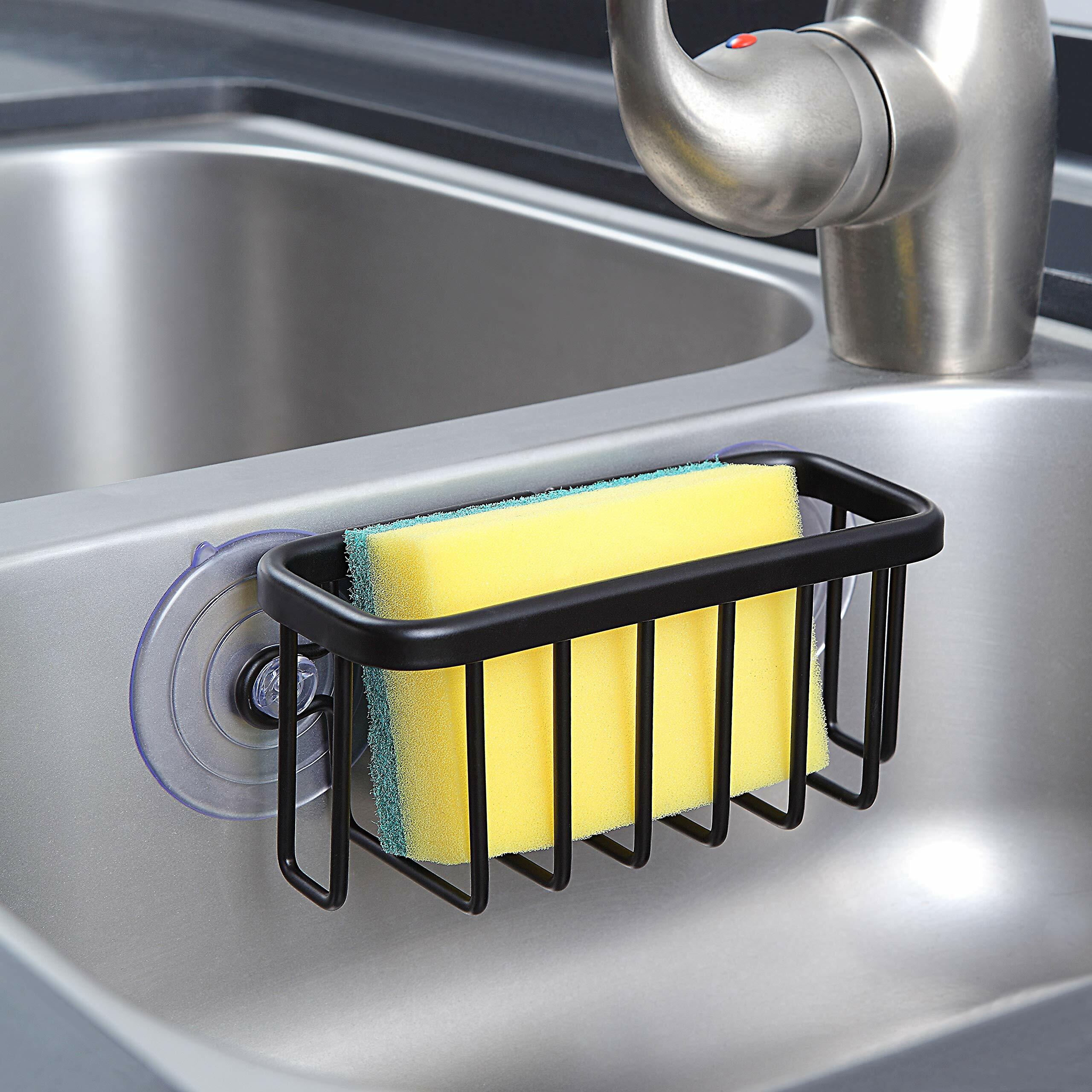SunnyPoint NeverRust Sink Caddy Sponge Holder Adhesive Mount Black Aluminum