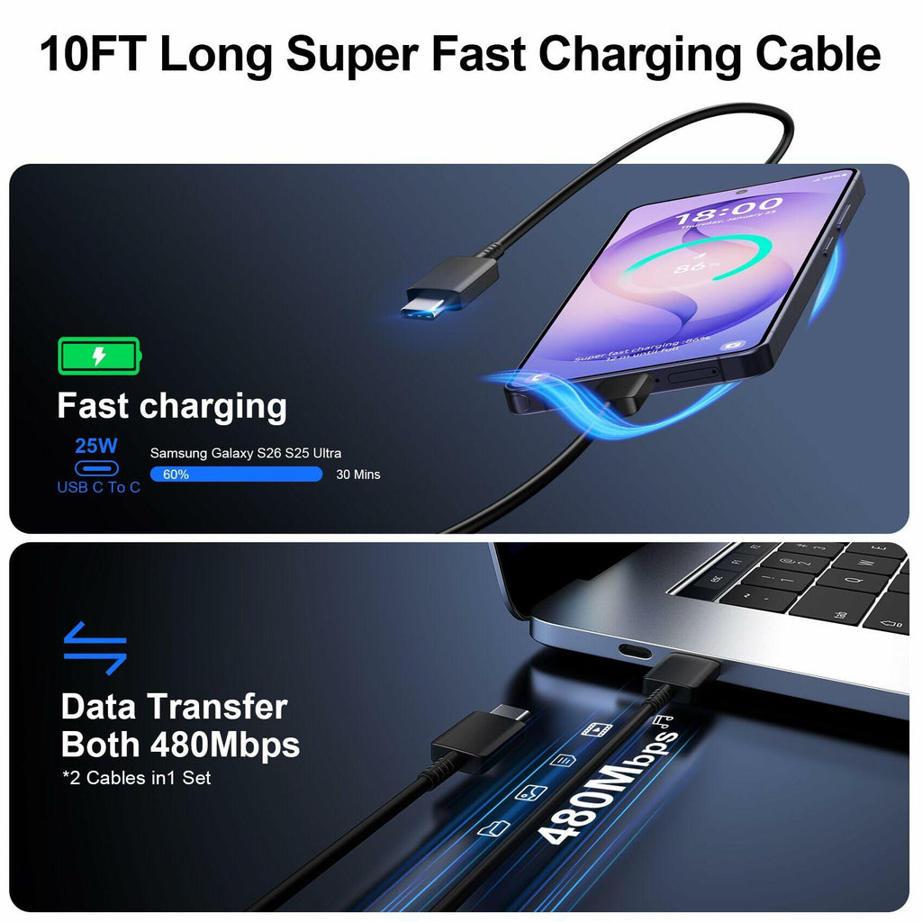 25W USB C Fast Charger Samsung Galaxy S26 S25 S24 w/10FT Cable 2Pack