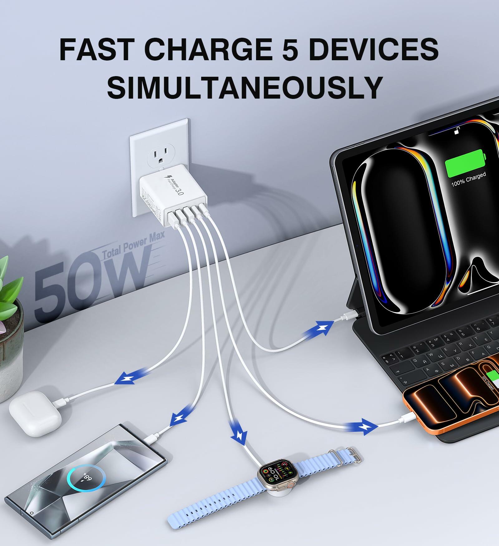 2-Pack 50W USB C Charger Block 5-Port PD Fast Charging iPhone Samsung USB A C