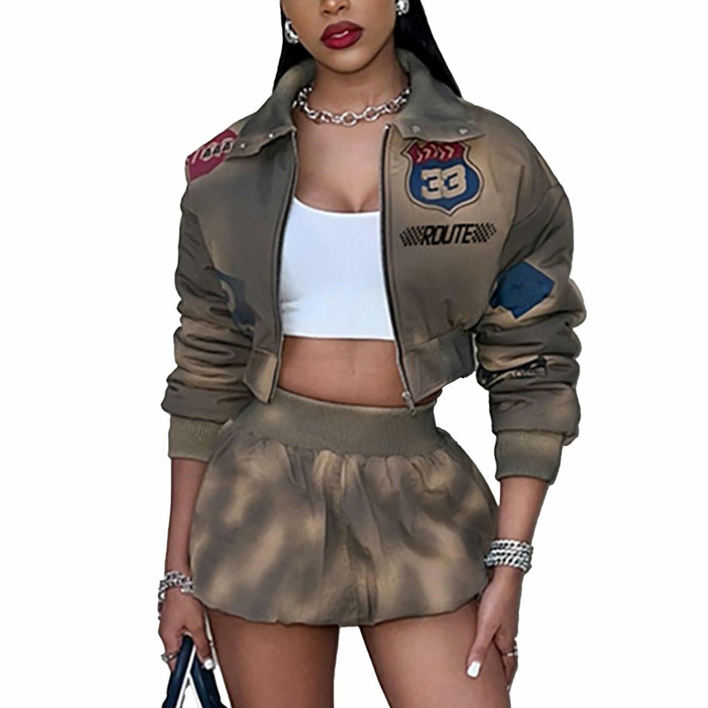 YOUFE Womens Letter Print 2 Piece Sets Long Sleeve Cropped Varsity Jacket Mini