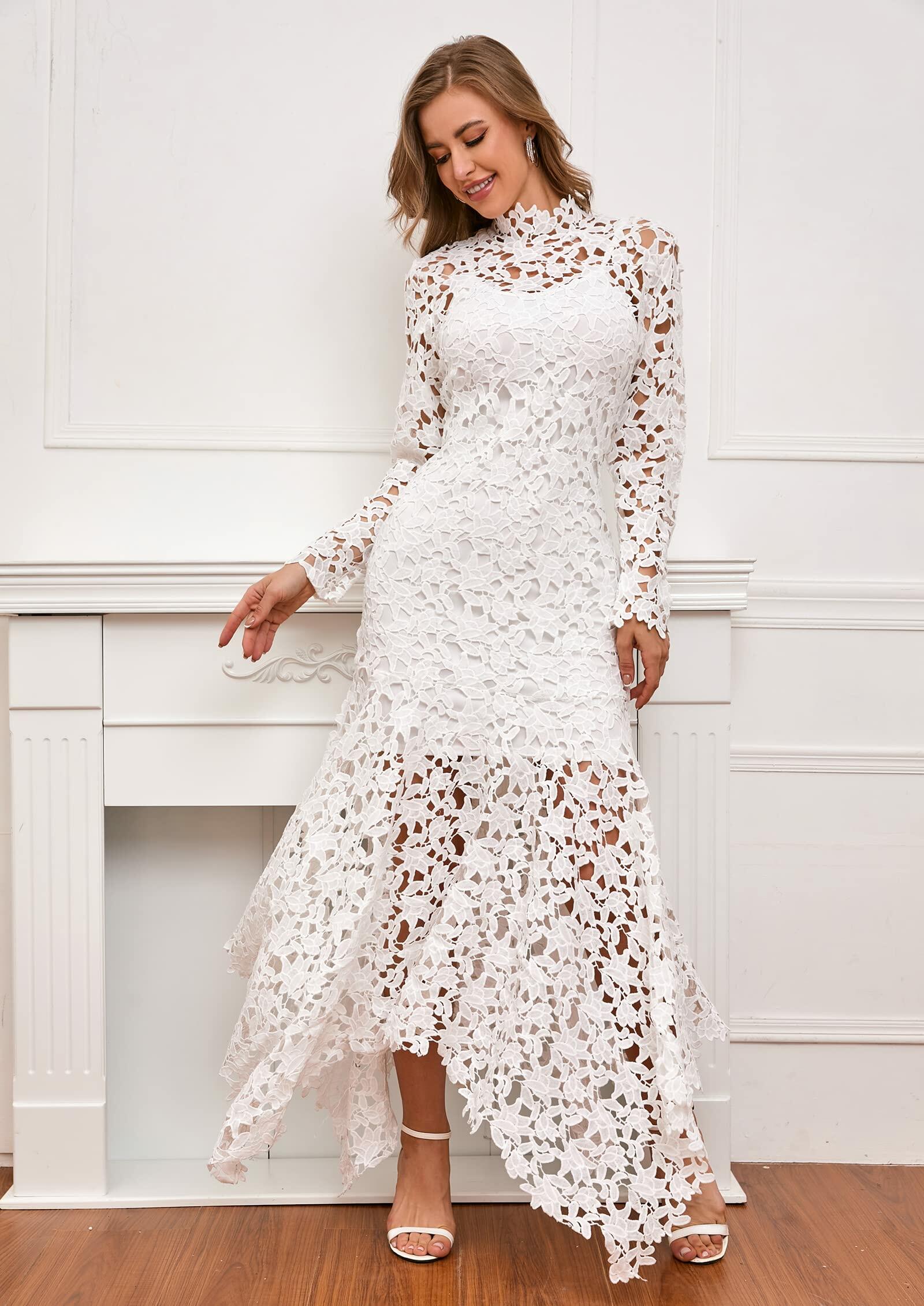 IWFEV Hollow Lace Dress Floor-Length Lace-Up Asymmetrical Maxi Dress Elegant