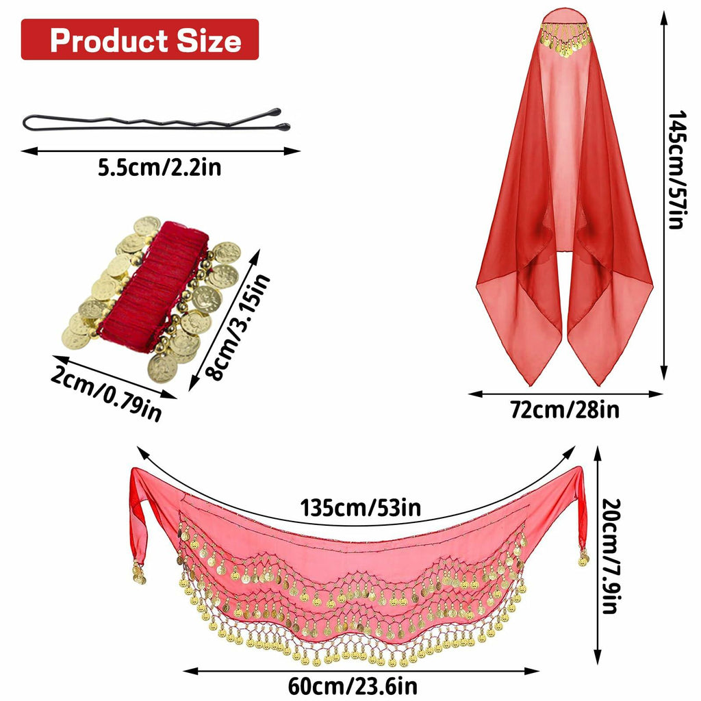 4Pcs Belly Dance Outfit Sets, Belly Dance Chiffon Hip Scarf with Coins, Gypsy
