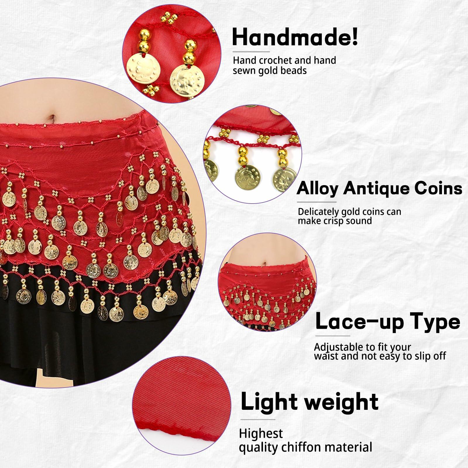 4Pcs Belly Dance Outfit Sets, Belly Dance Chiffon Hip Scarf with Coins, Gypsy
