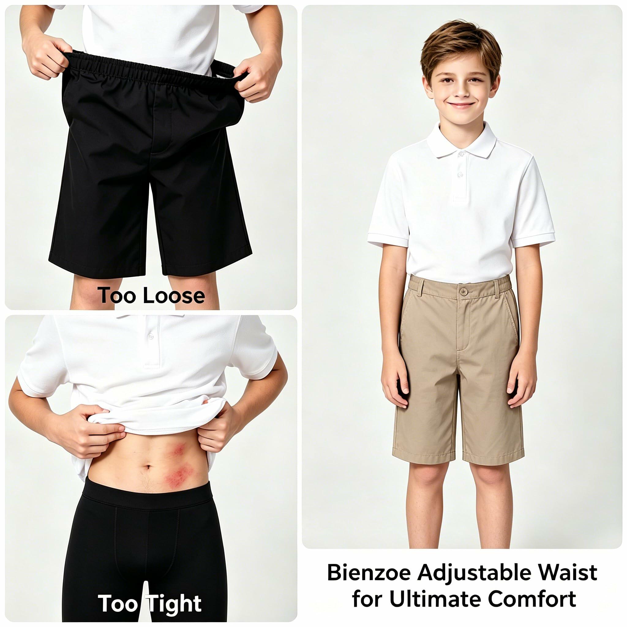 Bienzoe Boys School Uniform Shorts: Flat Front Cotton Bermuda - Adjustable Waist