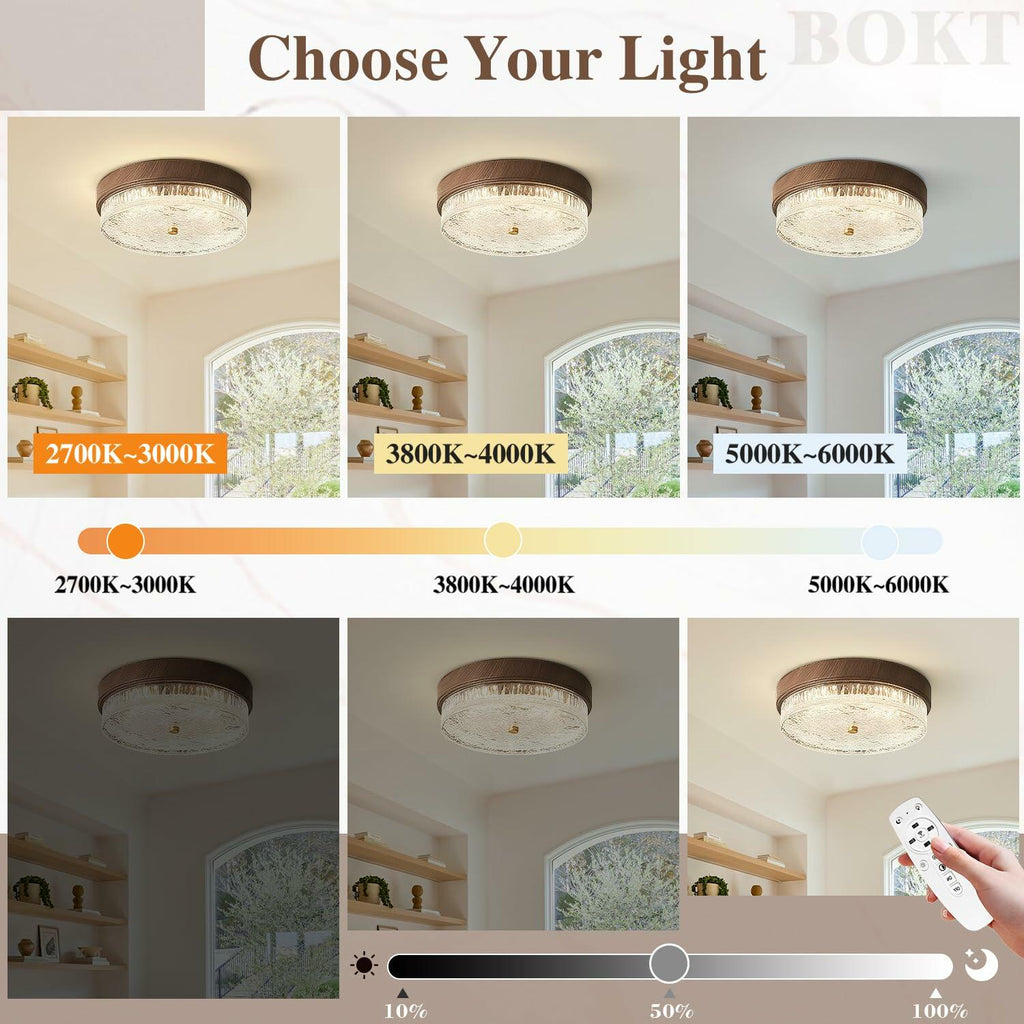 BOKT Farmhouse Wooden Flush Mount Ceiling Light Fixture Adjustable 3000K-6000K