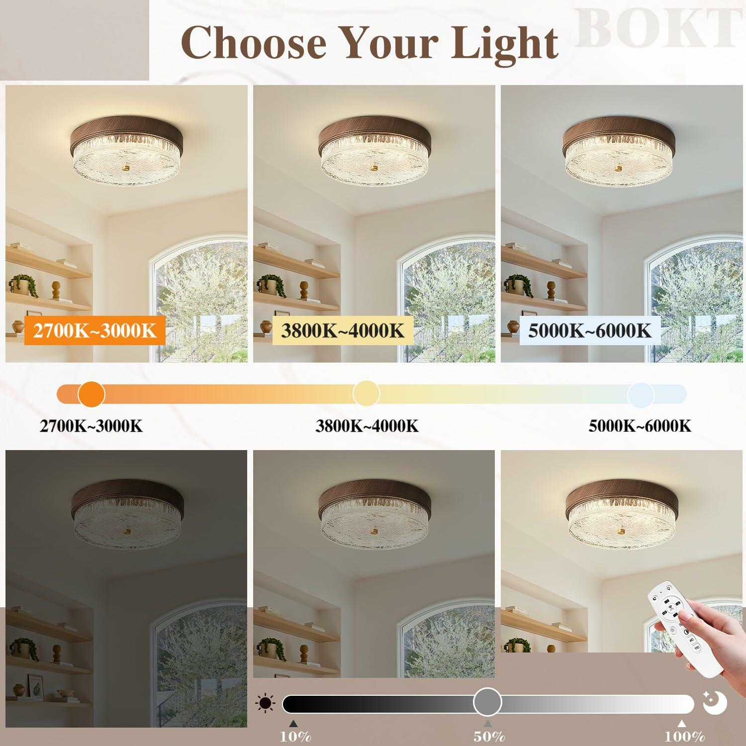 BOKT Farmhouse Wooden Flush Mount Ceiling Light Fixture Adjustable 3000K-6000K