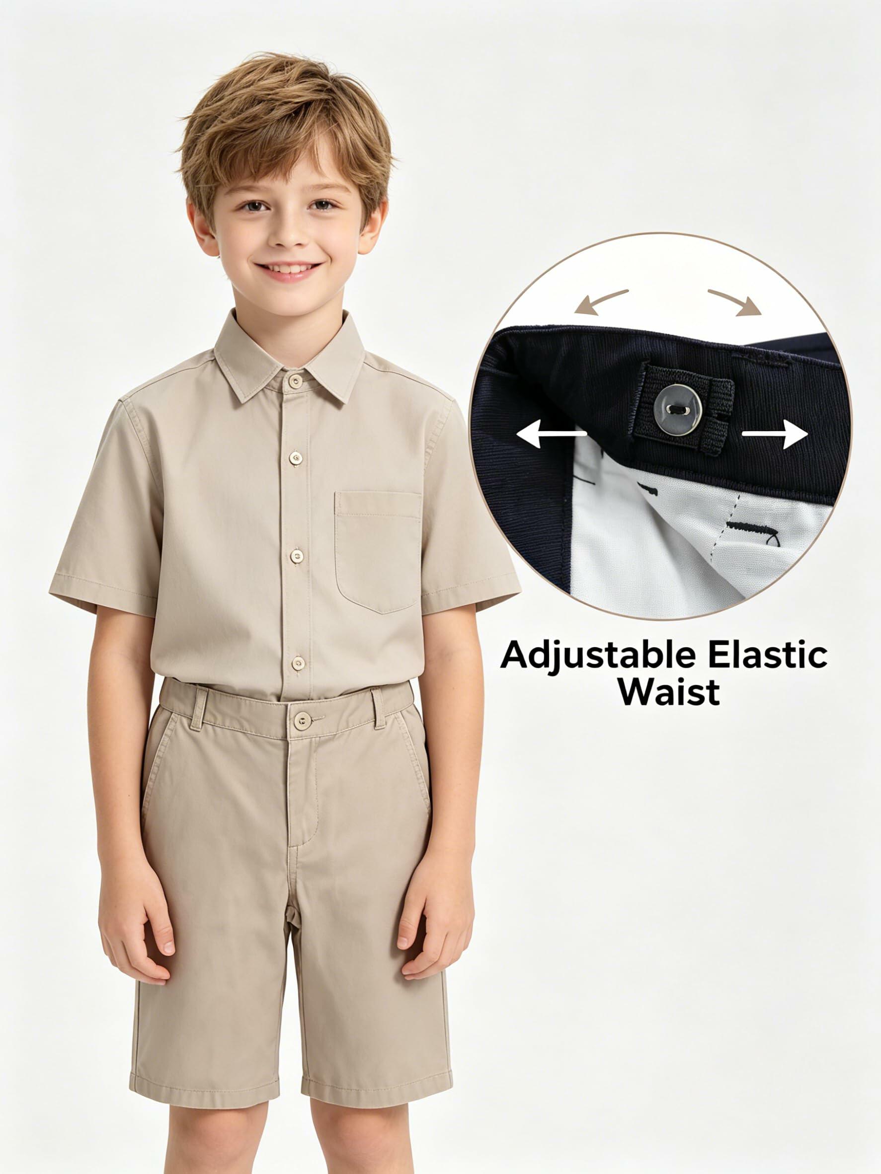 Bienzoe Boys School Uniform Shorts: Flat Front Cotton Bermuda - Adjustable Waist