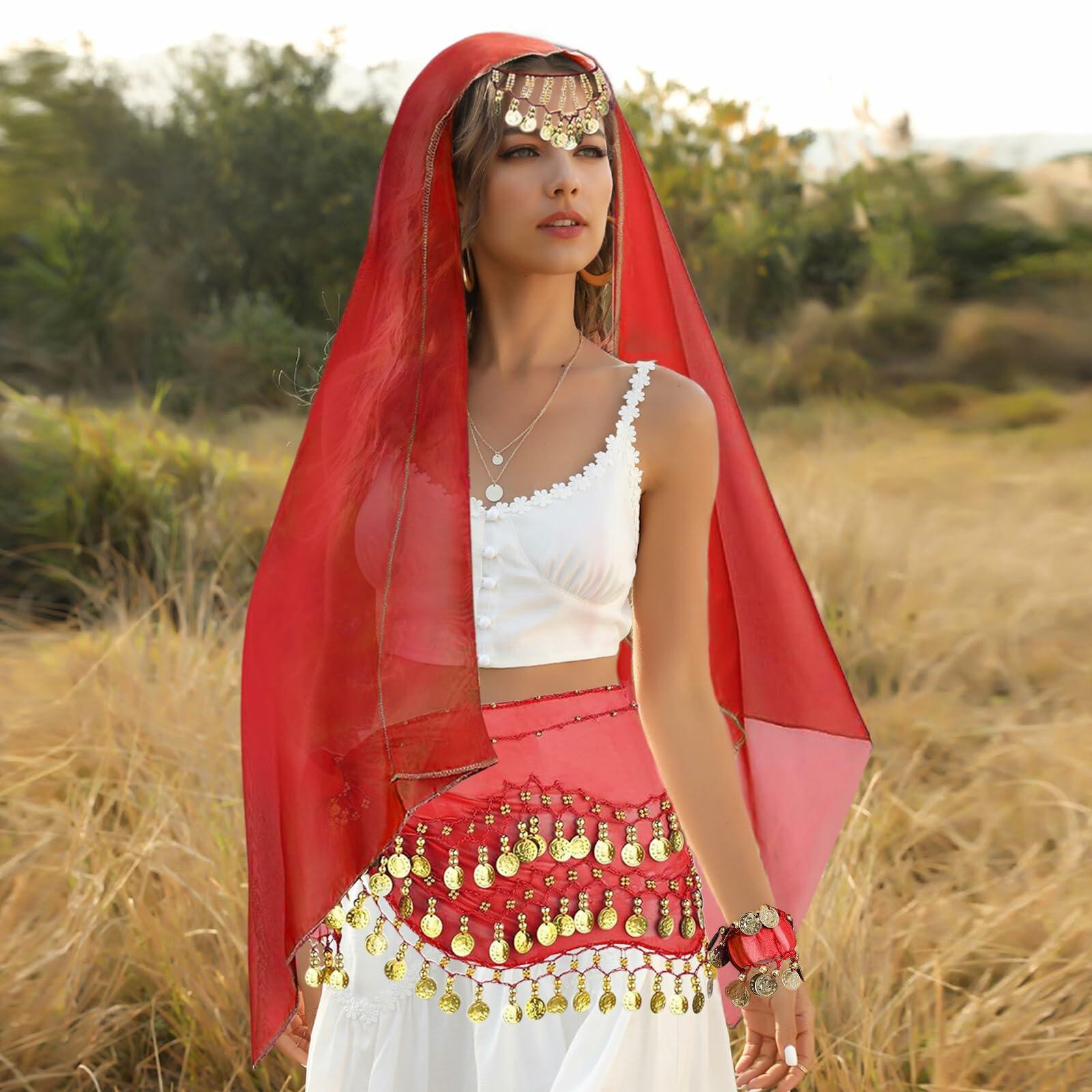 4Pcs Belly Dance Outfit Sets, Belly Dance Chiffon Hip Scarf with Coins, Gypsy