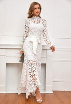 IWFEV Hollow Lace Dress Floor-Length Lace-Up Asymmetrical Maxi Dress Elegant