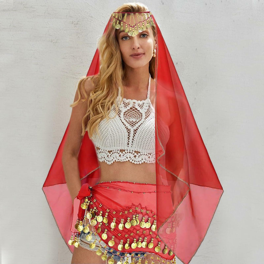 4Pcs Belly Dance Outfit Sets, Belly Dance Chiffon Hip Scarf with Coins, Gypsy