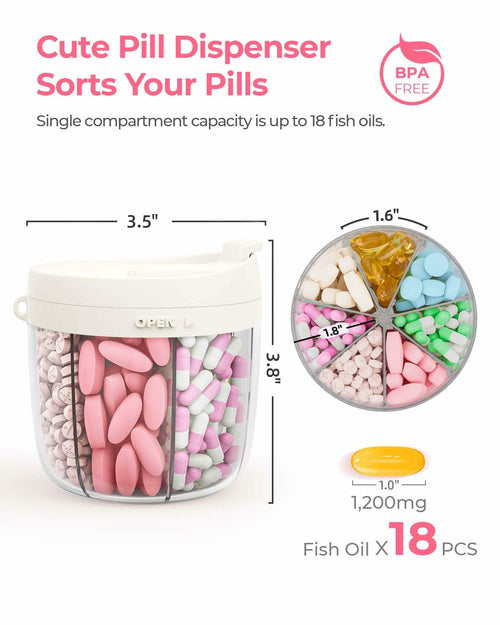 AMOOS Cute Pill Dispenser with 7 Large Compartments, Portable Pill Bottle
