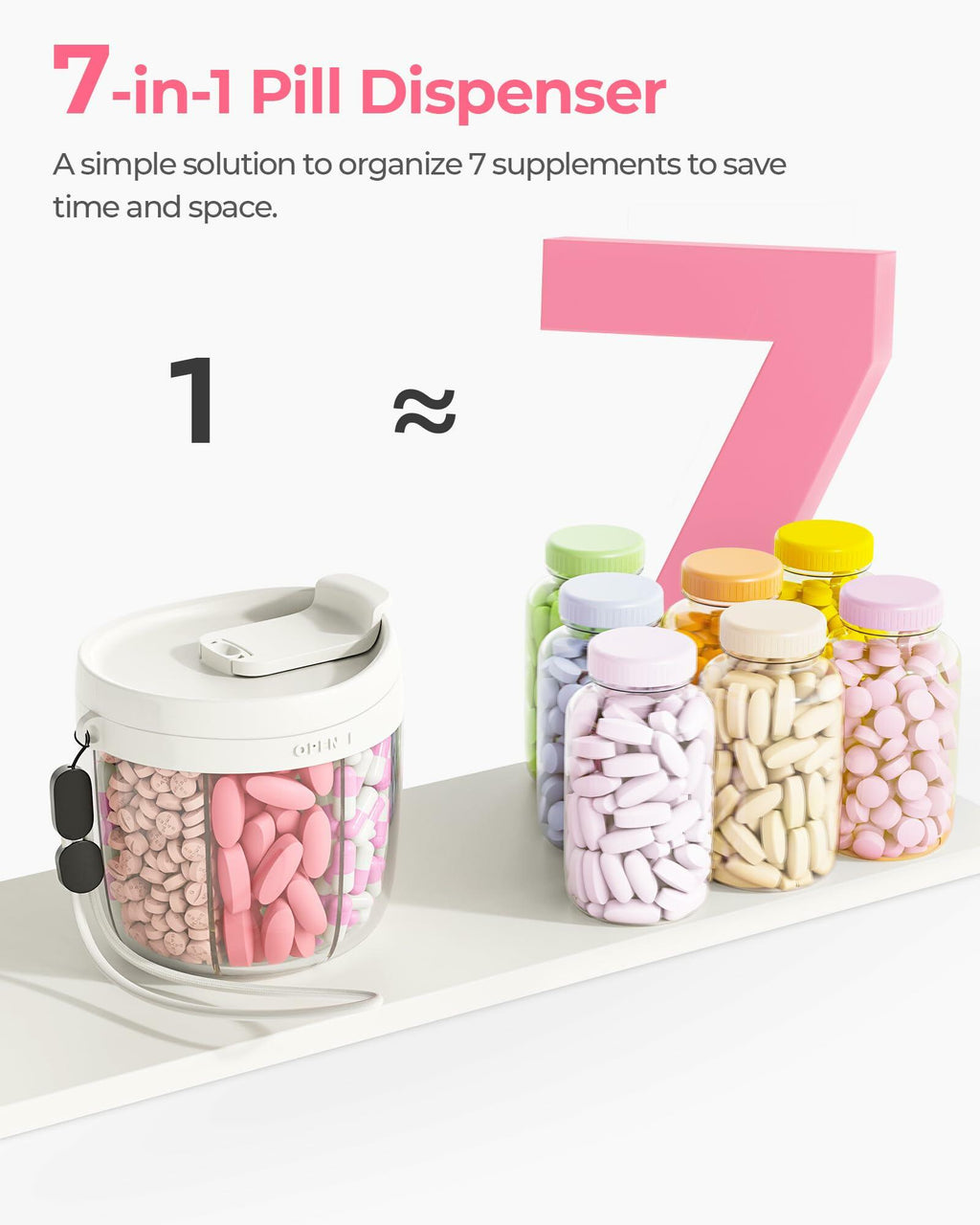 AMOOS Cute Pill Dispenser with 7 Large Compartments, Portable Pill Bottle