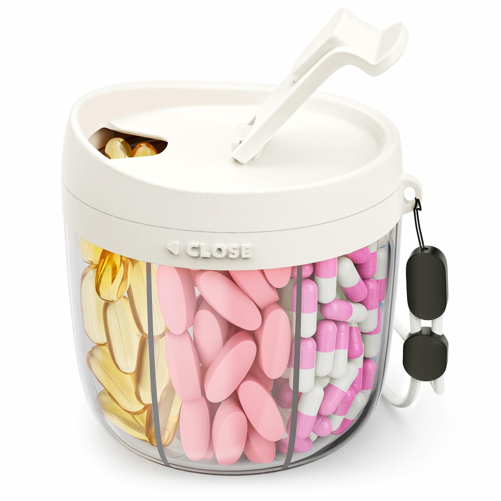 AMOOS Cute Pill Dispenser with 7 Large Compartments, Portable Pill Bottle