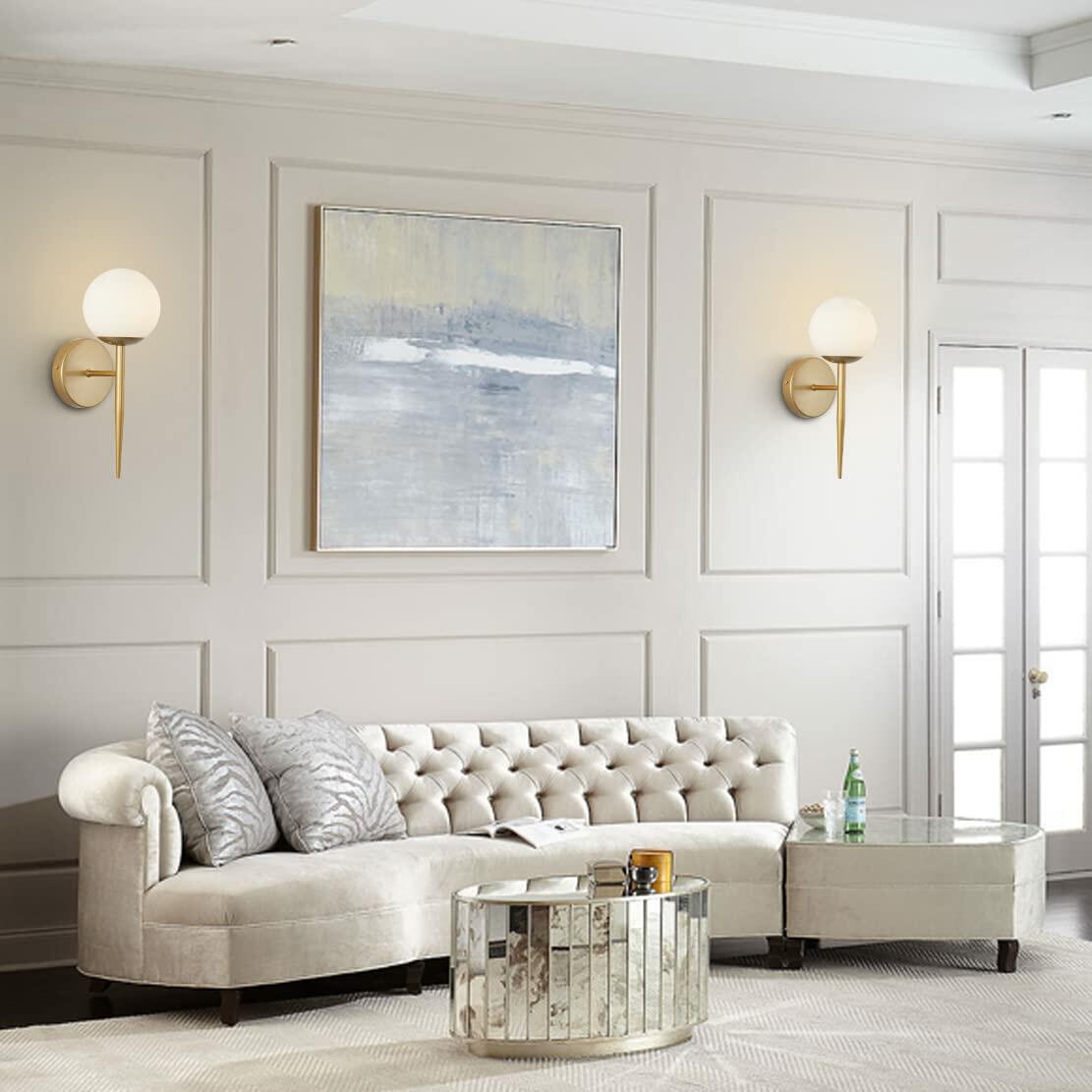 BOKT Set of 2 Brass Globe Wall Sconces White Glass Bathroom Bedroom Lights