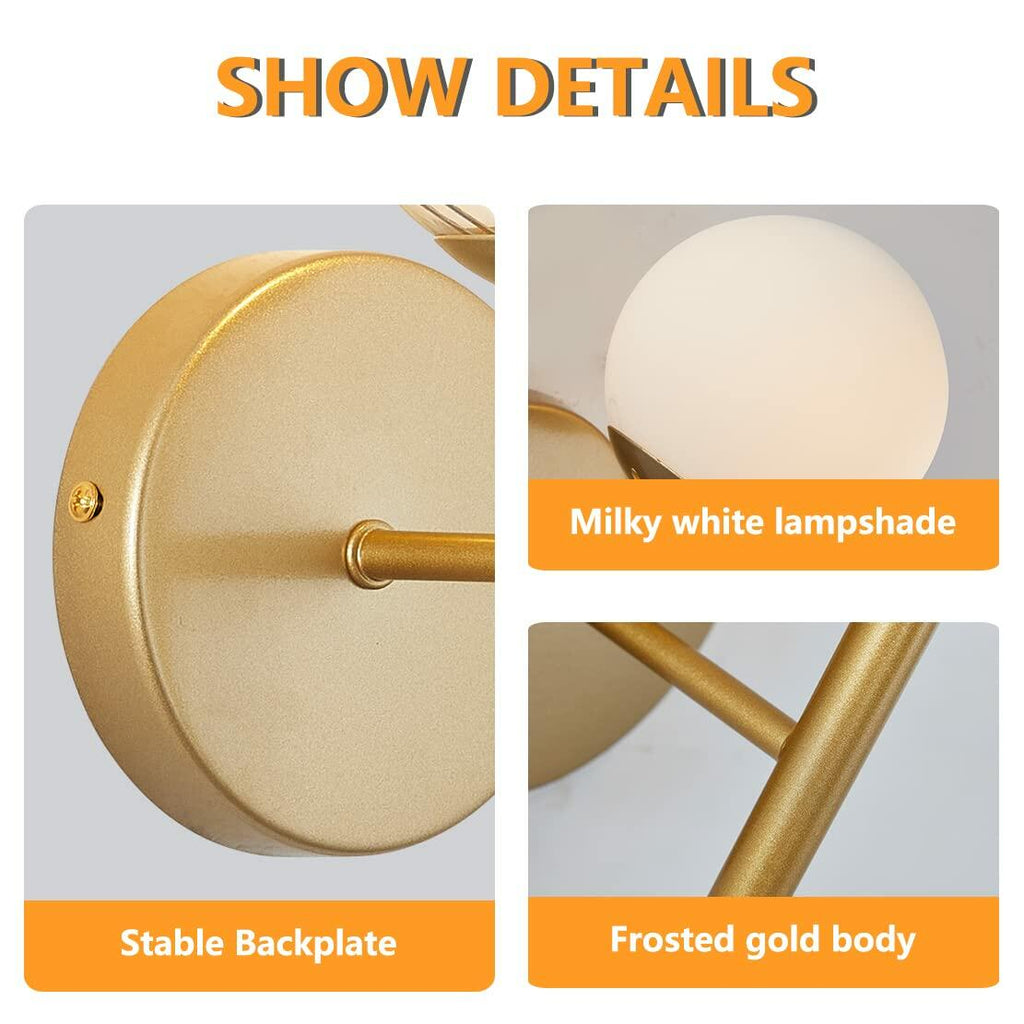 BOKT Set of 2 Brass Globe Wall Sconces White Glass Bathroom Bedroom Lights