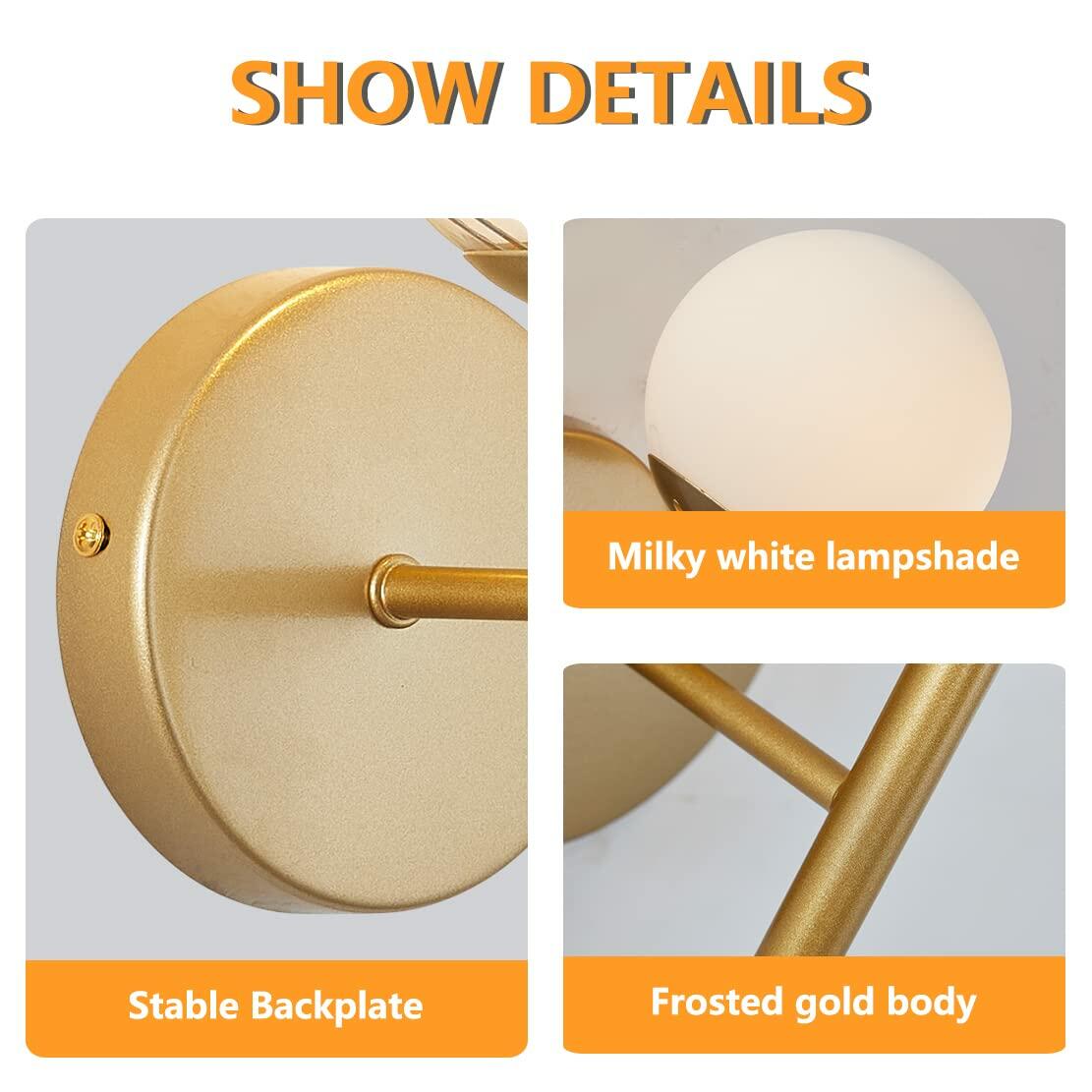 BOKT Set of 2 Brass Globe Wall Sconces White Glass Bathroom Bedroom Lights