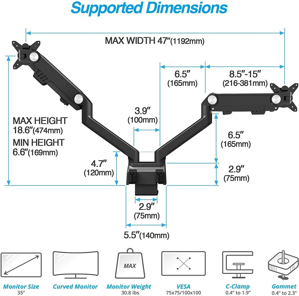 AVLT Dual Monitor Arm 17"-35" | Full Motion Desk Mount for 2 Flat/Curved Screens