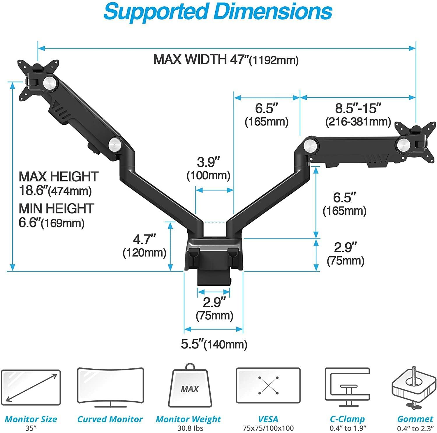 AVLT Dual Monitor Arm 17"-35" | Full Motion Desk Mount for 2 Flat/Curved Screens