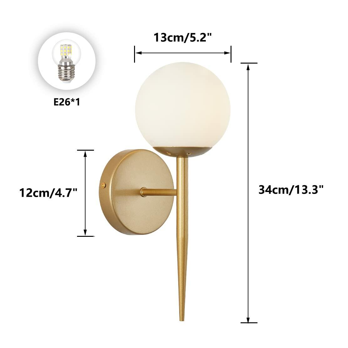 BOKT Set of 2 Brass Globe Wall Sconces White Glass Bathroom Bedroom Lights