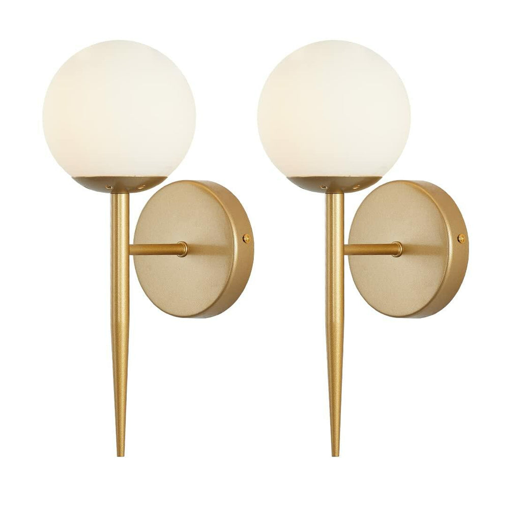BOKT Set of 2 Brass Globe Wall Sconces White Glass Bathroom Bedroom Lights