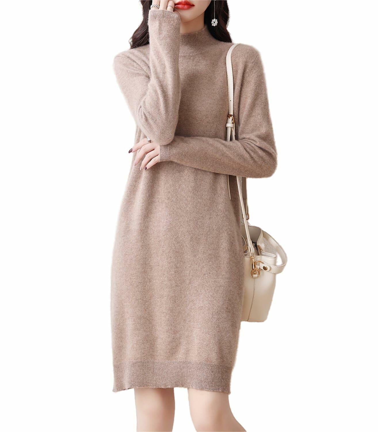 Ailaile 100% Merino Wool Sweater Dress Women's Long Sleeve Mock Neck Pullover