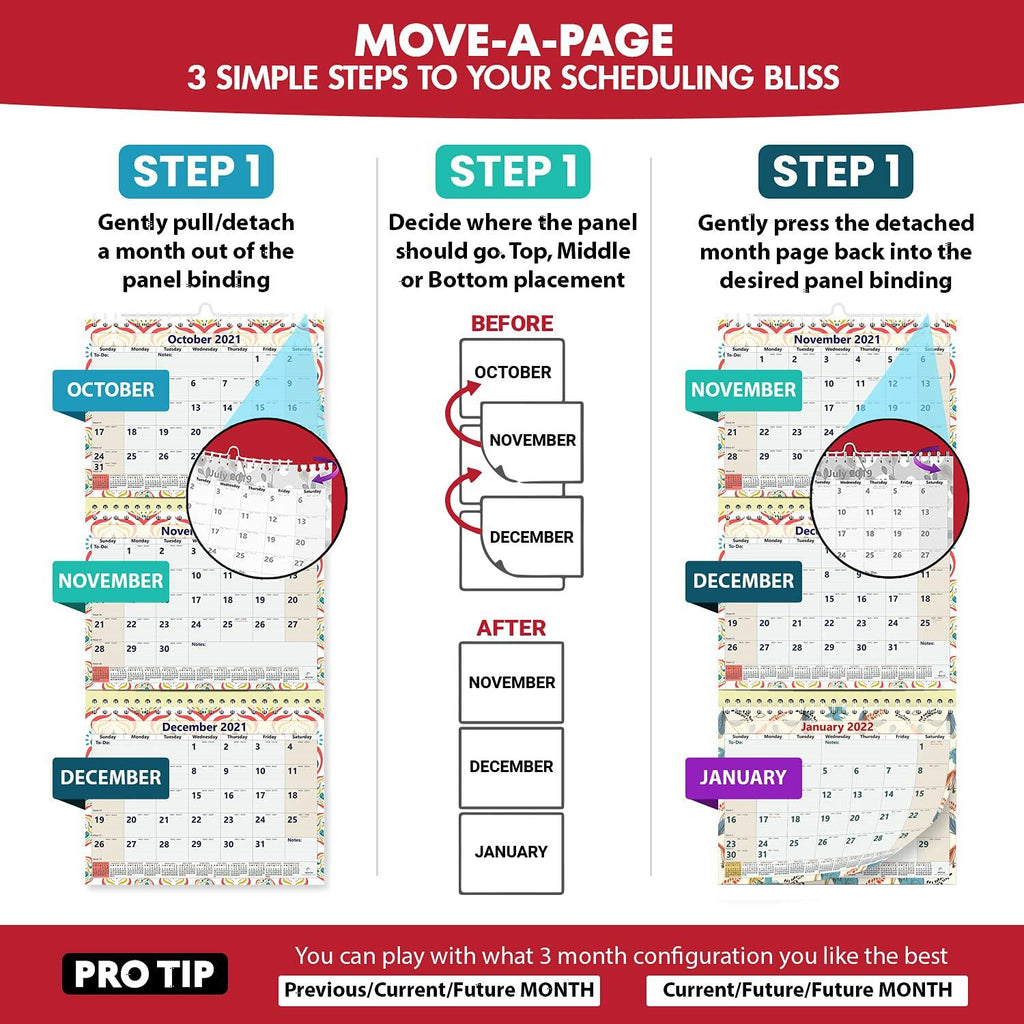 2026 2027 3 Month Wall Calendar Large 11x26 Vertical Wirebound Move-a-Page