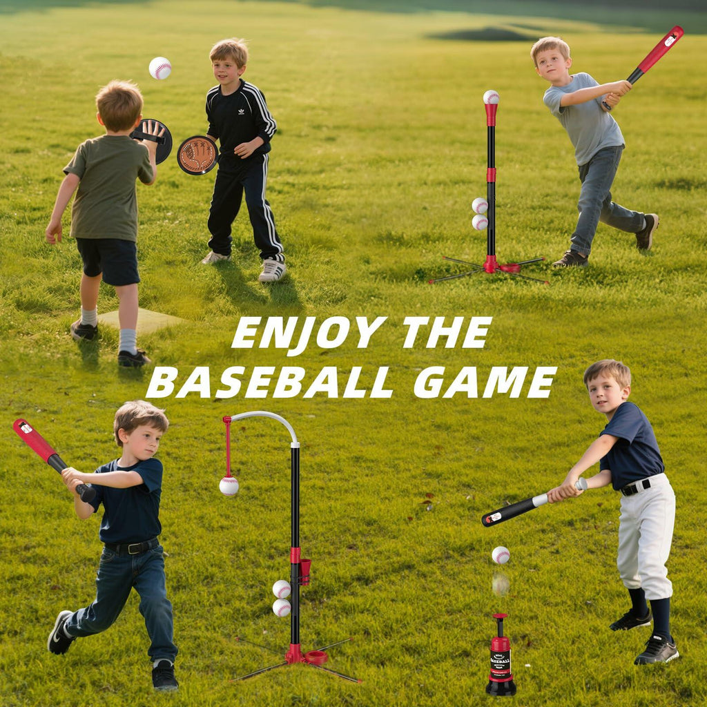 4 in 1 T-Ball Set Kids Age 3-5 Auto Pitching Machine 6 Balls Outdoor Sport Toy