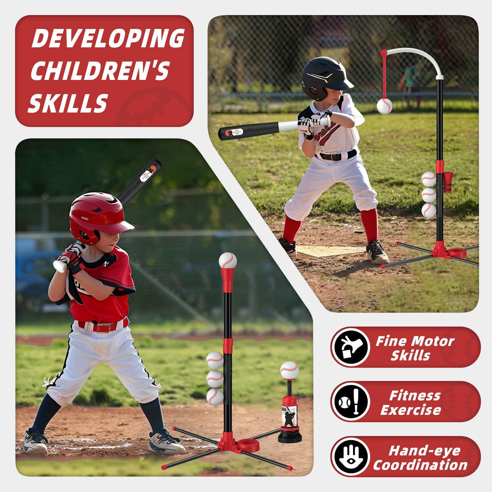 4 in 1 T-Ball Set Kids Age 3-5 Auto Pitching Machine 6 Balls Outdoor Sport Toy