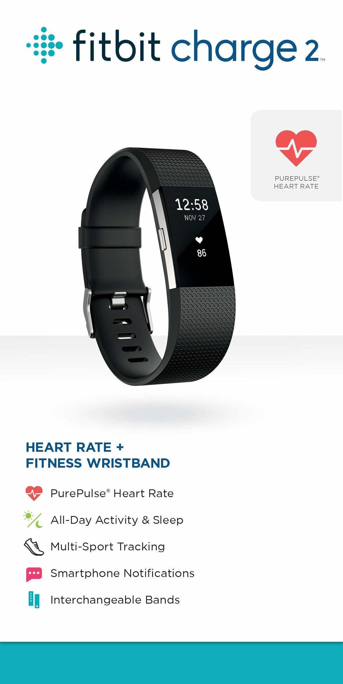 Fitbit Charge 2 Heart Rate + Fitness Wristband, Black, Large (US Version), 1