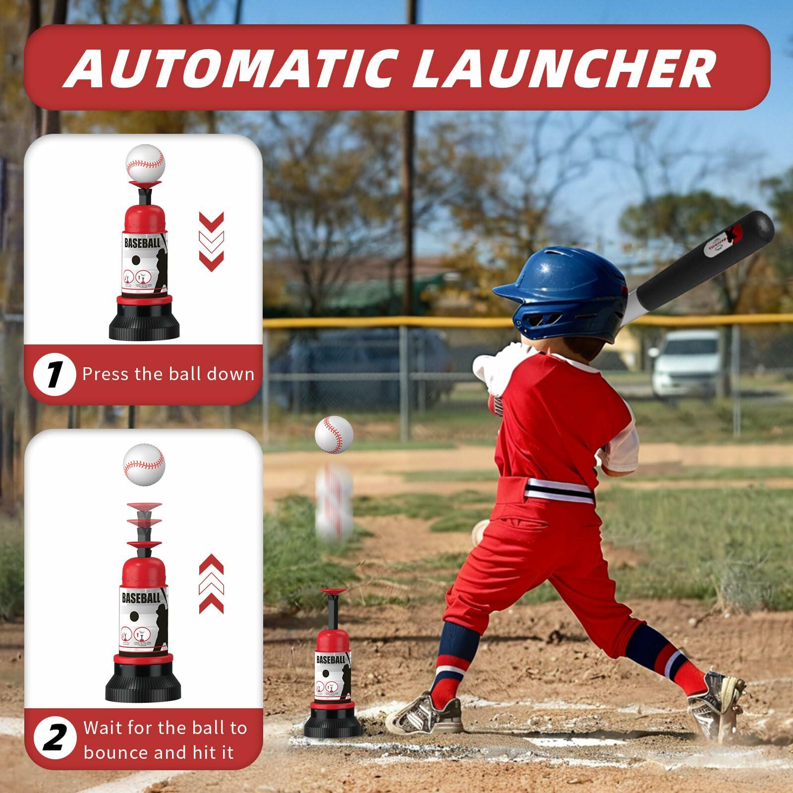 4 in 1 T-Ball Set Kids Age 3-5 Auto Pitching Machine 6 Balls Outdoor Sport Toy