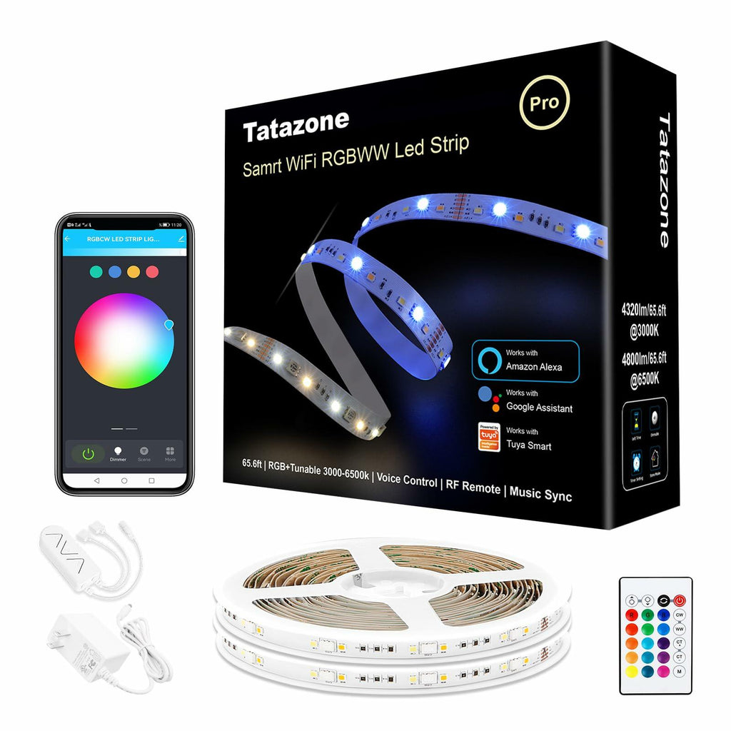 Tatazone RGBWW Smart LED Strip Lights, 65.6ft Tunable White 3000K to 6500K+RGB