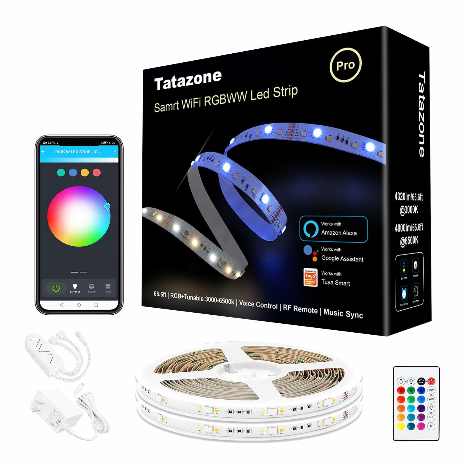 Tatazone RGBWW Smart LED Strip Lights, 65.6ft Tunable White 3000K to 6500K+RGB