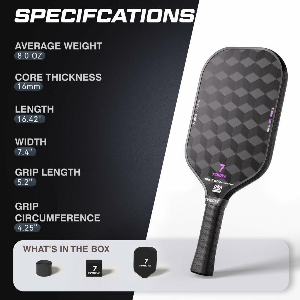 Pickleball Paddle 18K T800 Raw Carbon Fiber 16mm Core USAPA Approved Power Spin