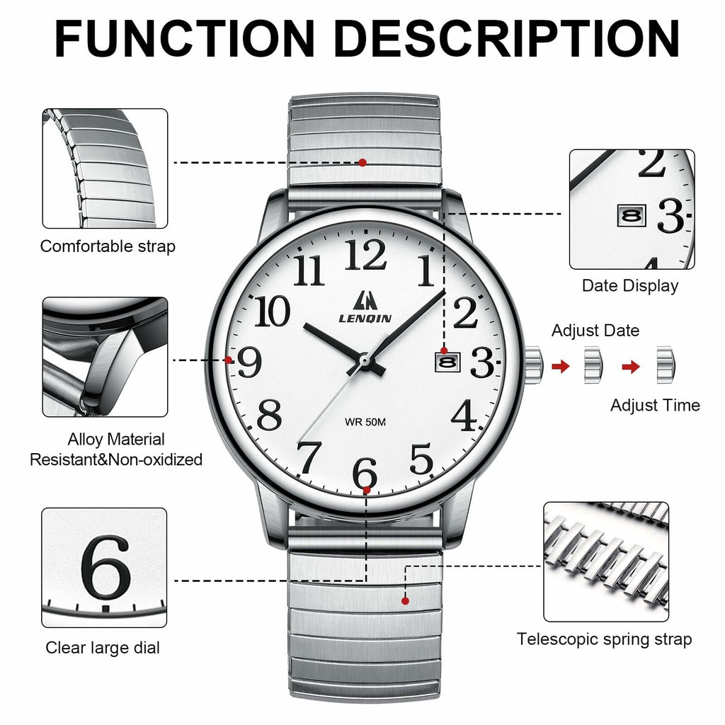 Mens Analog Quartz Sport Watch Waterproof Date 38mm Stainless Steel Easy Read