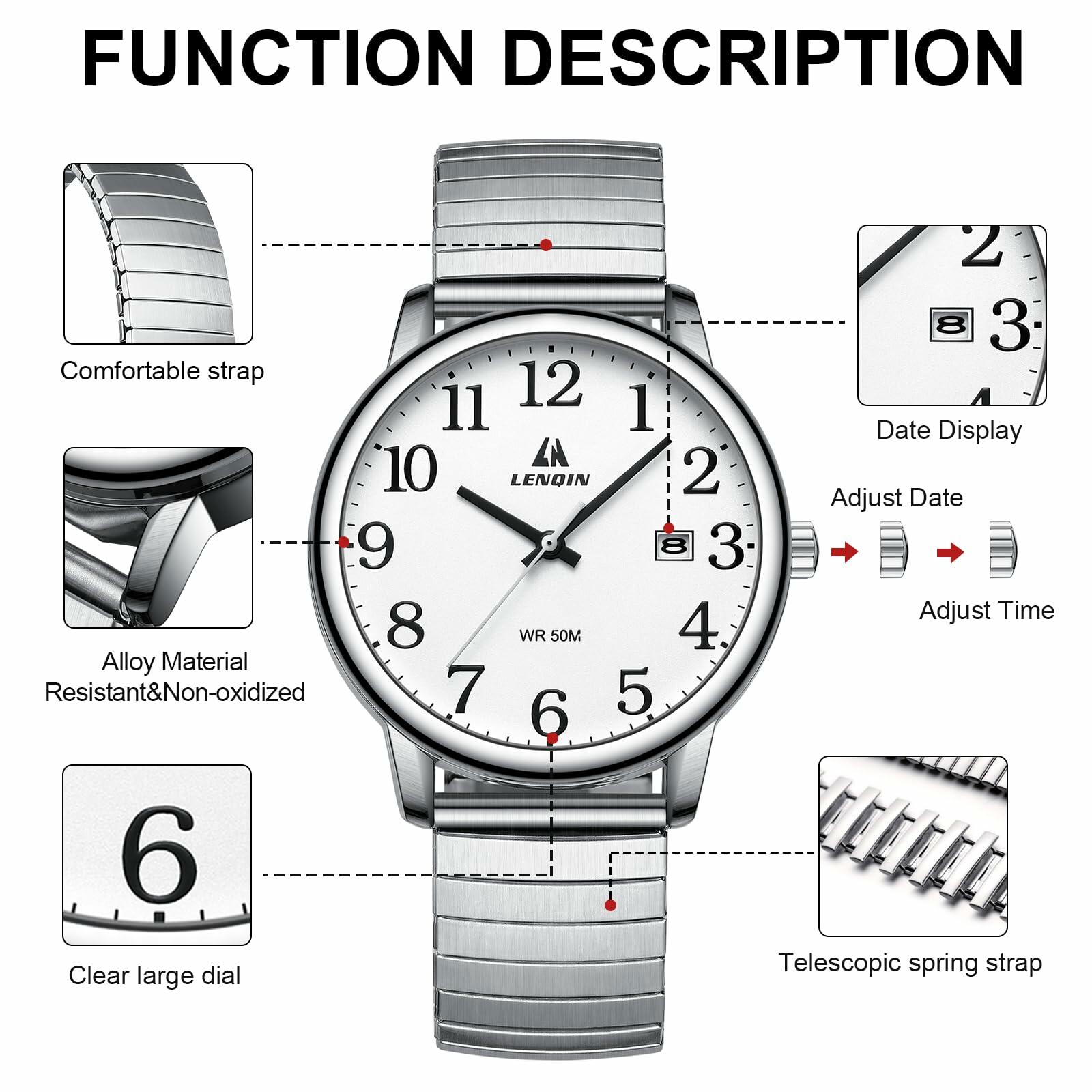 Mens Analog Quartz Sport Watch Waterproof Date 38mm Stainless Steel Easy Read