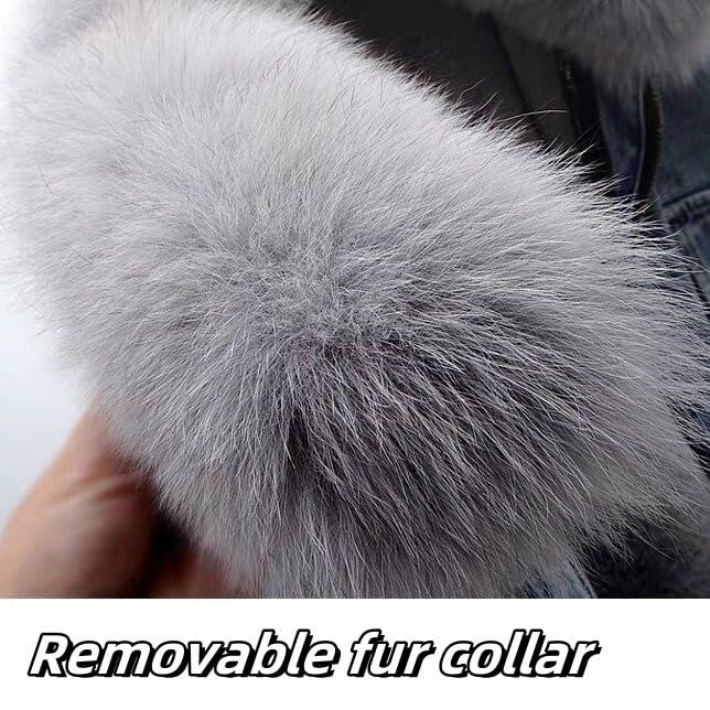 Women Cropped Denim Jacket Removable Faux Fur Collar Shaggy Soft Coat Black S