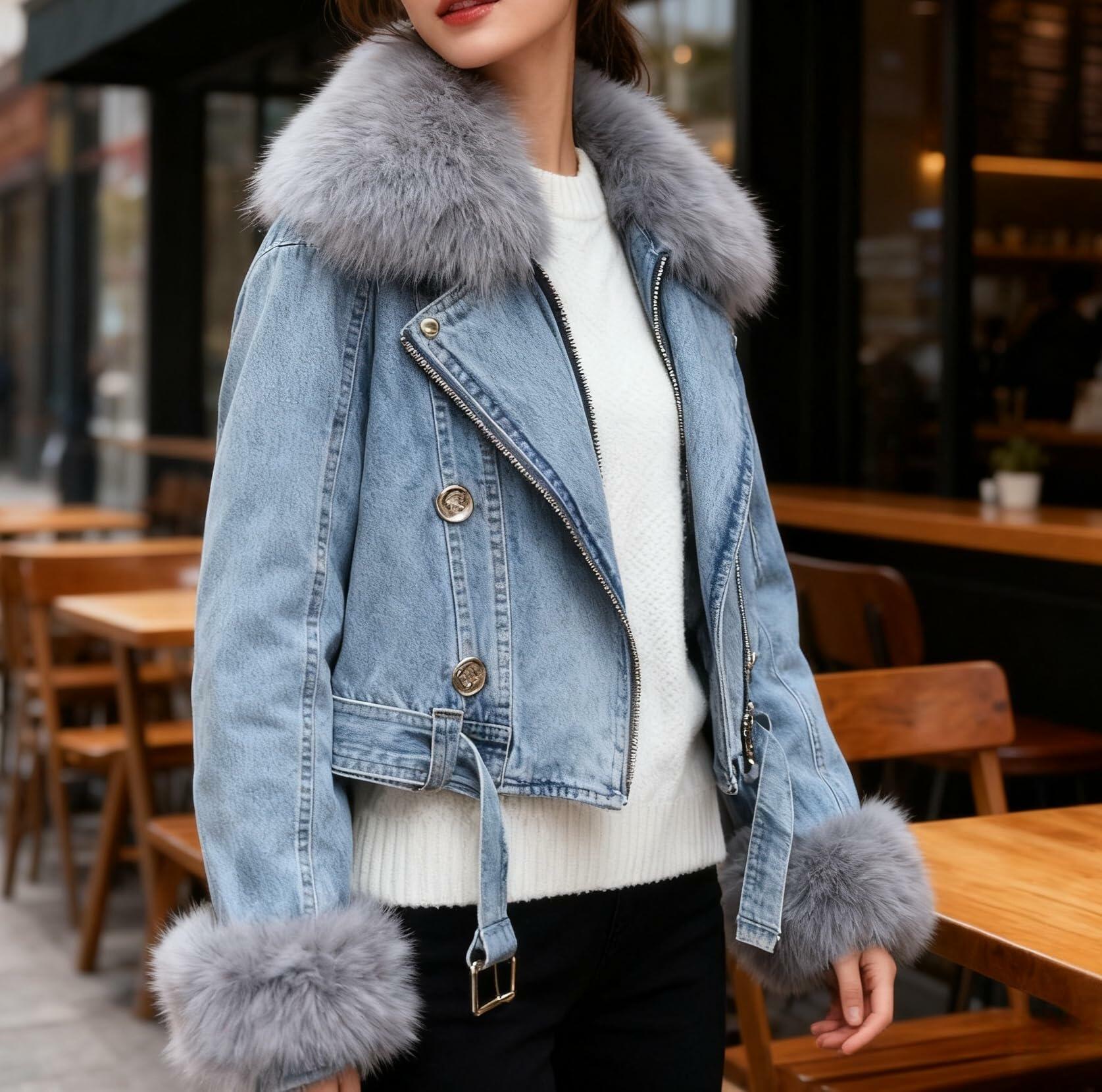 Women Cropped Denim Jacket Removable Faux Fur Collar Shaggy Soft Coat Black S