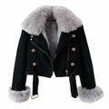 Women Cropped Denim Jacket Removable Faux Fur Collar Shaggy Soft Coat Black S