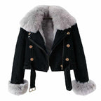 Women Cropped Denim Jacket Removable Faux Fur Collar Shaggy Soft Coat Black S