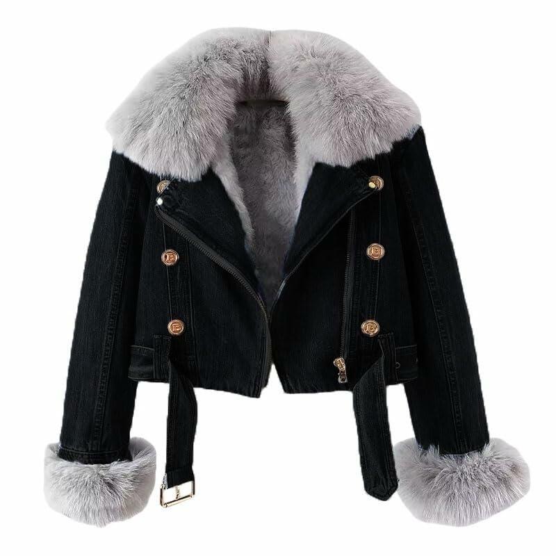 Women Cropped Denim Jacket Removable Faux Fur Collar Shaggy Soft Coat Black S