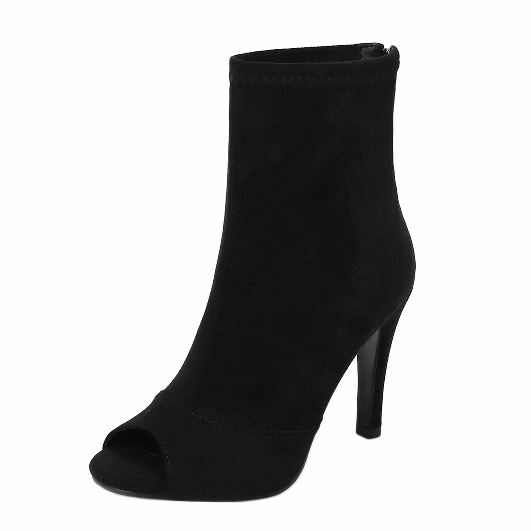 SHEMEE Womens Peep Toe Stiletto Ankle Booties Faux Suede Open Toe Black 6