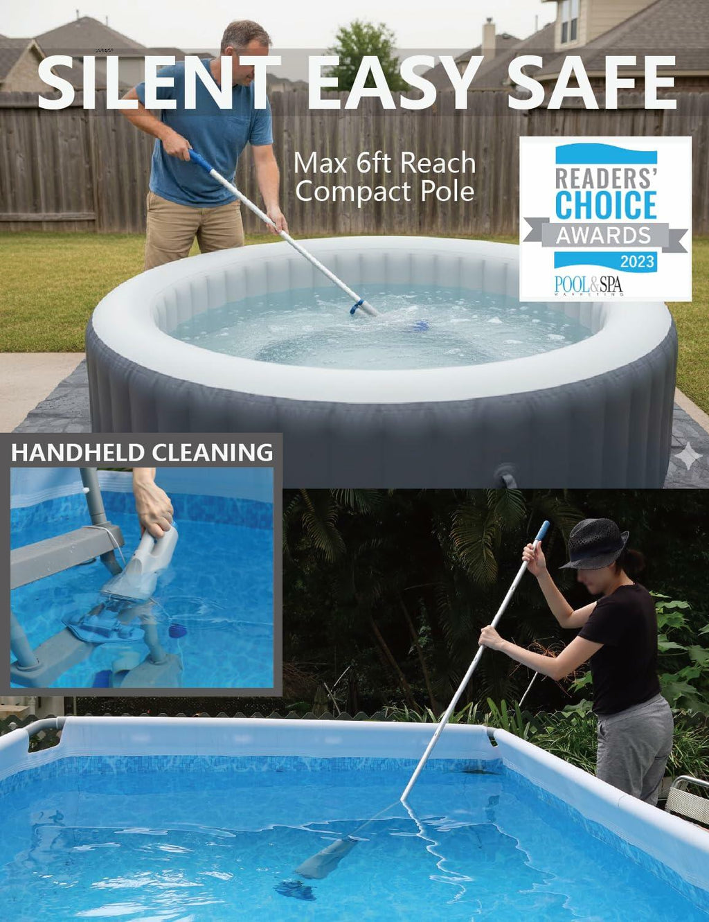 KOKIDO Cordless Pool Vacuum w/ 6ft Pole Rechargeable Spa Cleaner for Pools &